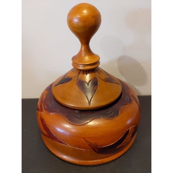 Wood Unique Hand Carved Floral Wooden Bowl w/ Lid 7.5"H x 6.5"L Urn Trinket - Picture 3 of 10